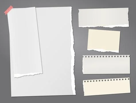 Set of torn white, and yellow lined note, notebook paper strips and pieces with Stock Illustration