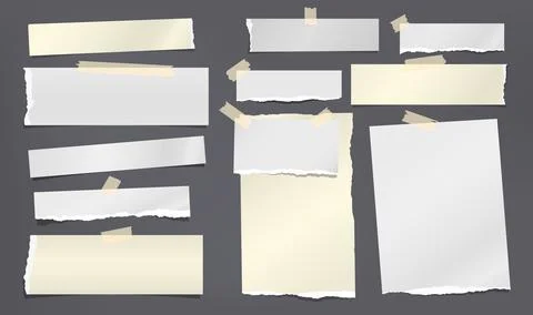 Set of torn white and yellow note, notebook paper strips and pieces stuck with Illustrazione stock