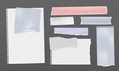 Set of torn white, blue and pink note, notebook paper strips and pieces stuck on Stock Illustration