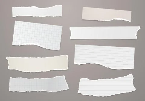 Set of torn white, brown note, notebook paper pieces stuck on dark gray Stock Illustration