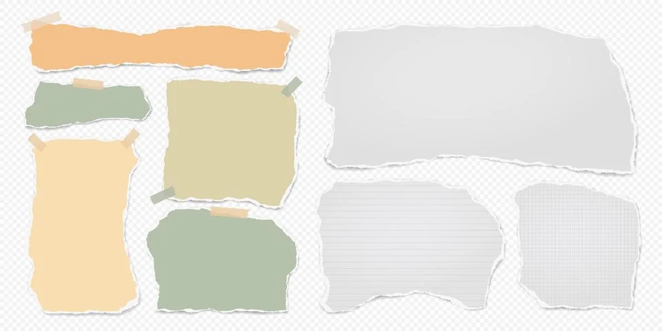 Set of torn white, brown note paper pieces, strips are on white squared Stock Illustration