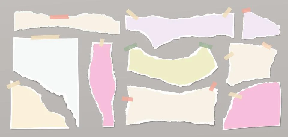 Set of torn white, brown note paper pieces, strips are on white squared Stock Illustration