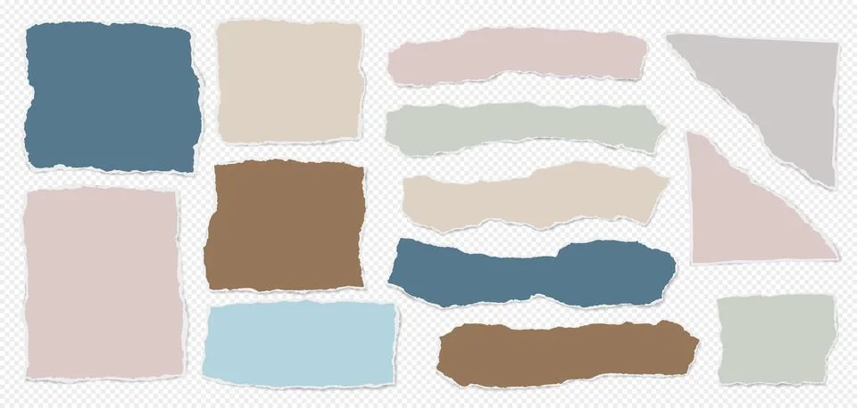 Set of torn white, brown note paper pieces, strips are on white squared Stock Illustration