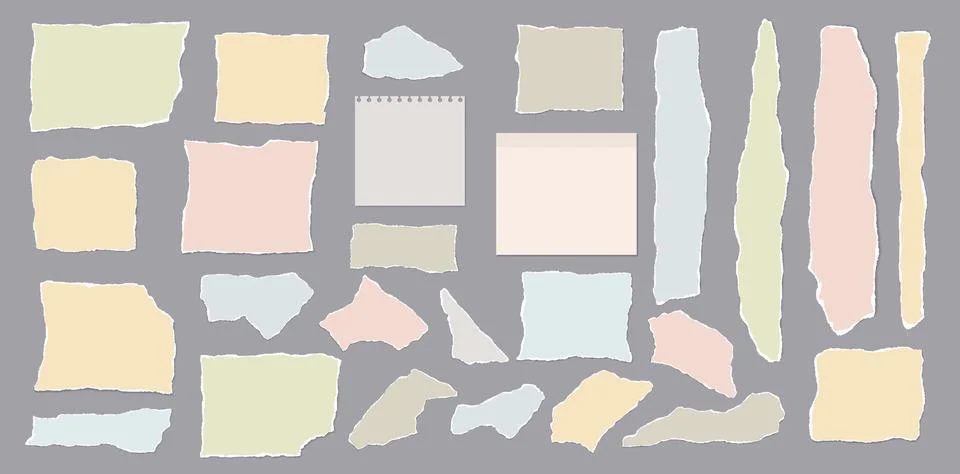 Set of torn white, brown note paper pieces, strips are on white squared Illustrazione stock