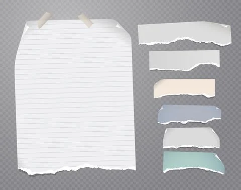 Set of torn white, colorful note, notebook paper pieces stuck on dark grey Stock Illustration