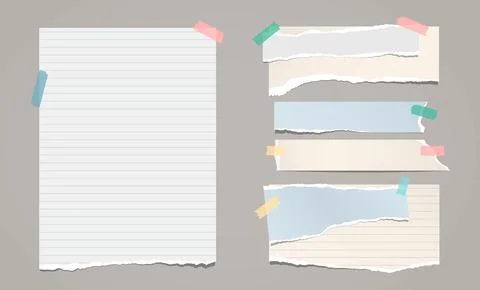 Set of torn white, colorful note, notebook paper pieces stuck on dark grey Stock Illustration