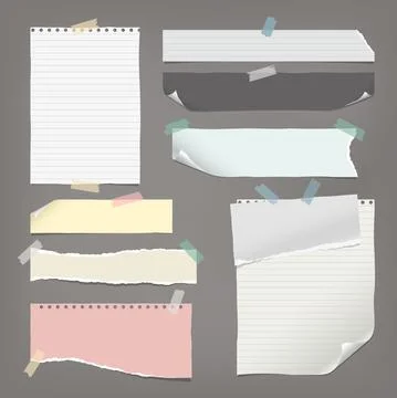 Set of torn white, colorful note, notebook paper pieces with stuck on dark grey Stock Illustration