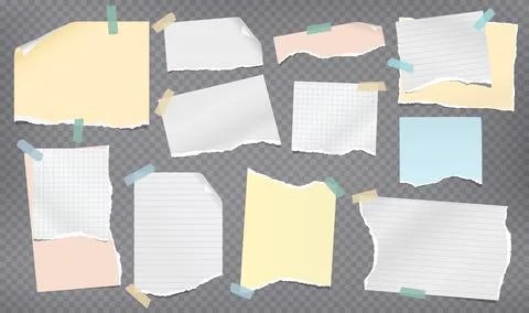 Set of torn white, colorful note, notebook paper pieces with folded corners Stock Illustration