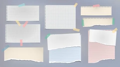 Set of torn white, colorful note, notebook paper pieces stuck on dark grey Stock Illustration