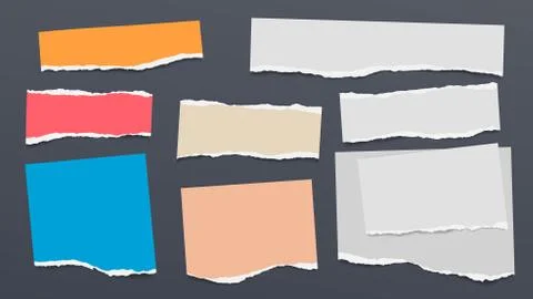 Set of torn of white, gray and colorful note, notebook paper strips and pieces Stock Illustration