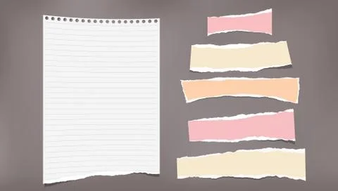 Set of torn white lined and colorful note, notebook strips, paper pieces stuck Stock Illustration