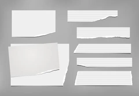 Set of torn white, lined and squared note, notebook paper pieces, reminder tapes Stock Illustration