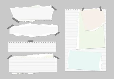 Set of torn white lined and colorful note paper, pieces with sticky tape are on Stock Illustration