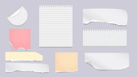 Set of torn white lined, colorful note, notebook paper pieces stuck on light Stock Illustration