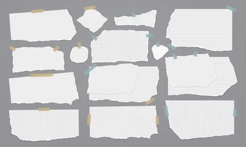 Set of torn white, lined, math note paper pieces with adhesive tape are on grey Stock Illustration