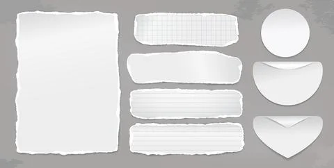 Set of torn white, lined note, notebook paper pieces with folded corners stuck Stock Illustration