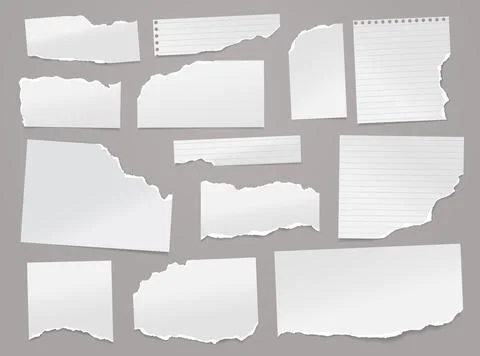 Set of torn white lined note, notebook paper pieces stuck on light grey Stock Illustration