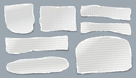 Set of torn white, lined note, notebook paper stripes are on light blue Stock Illustration