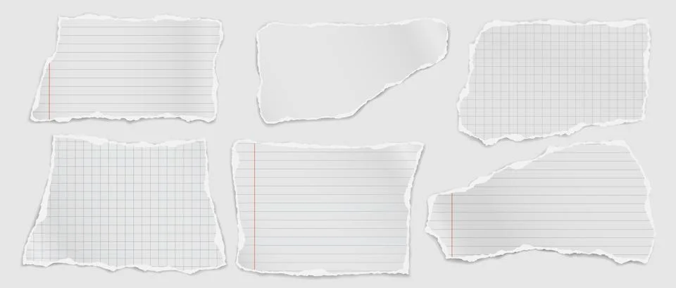Set of torn white lined note, notebook paper stripes are on white background for Illustrazione stock