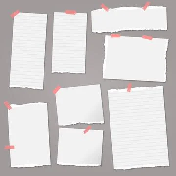 Set of torn white, lined note, notebook paper strips and pieces with soft shadow Stock Illustration