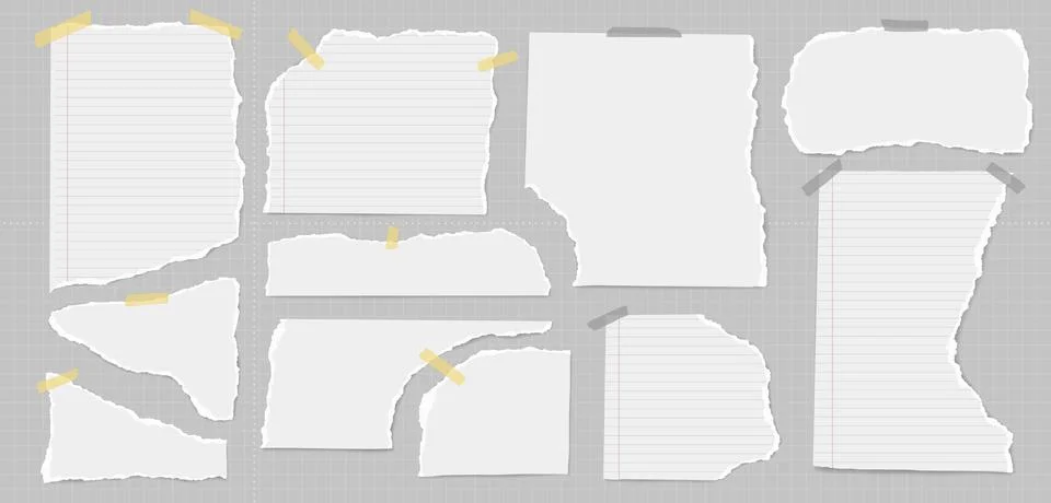 Set of torn white lined note paper, pieces with sticky tape are on grey squared Illustrazione stock