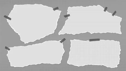 Set of torn white lined note paper, pieces with sticky tape are on dark grey Stock Illustration