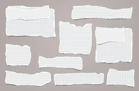 Set of torn white lined note, notebook paper strips and pieces stuck on light Stock Illustration