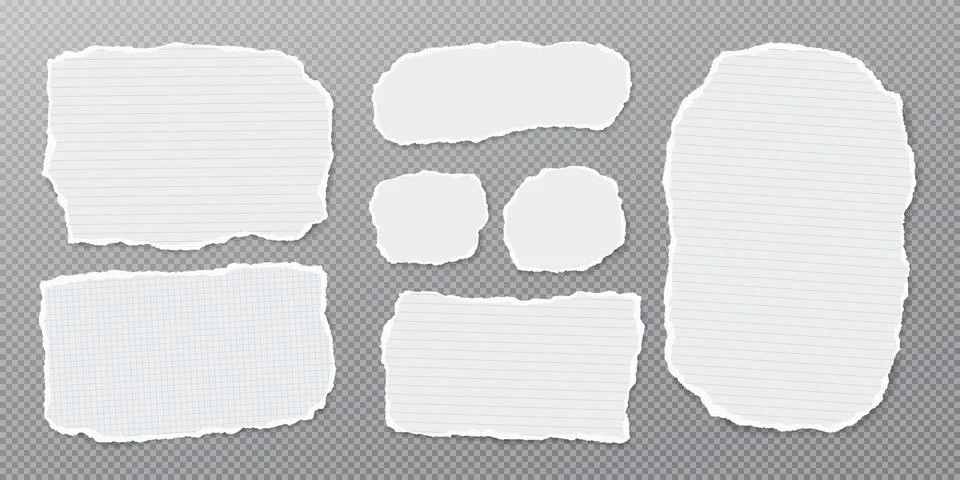 Set of torn white lined note paper, pieces with sticky tape are on grey Stock Illustration