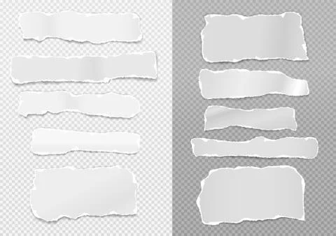 Set of torn white note, notebook paper strips and pieces stuck on white and grey Stock Illustration