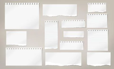 Set of torn white note, notebook lined and blank paper pieces stuck on light Stock Illustration