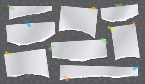 Set of torn white note, notebook paper pieces stuck with sticky tape on dark Stock Illustration