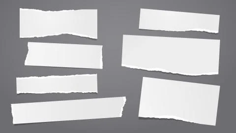 Set of torn white note, notebook paper pieces stuck on dark grey background Stock Illustration