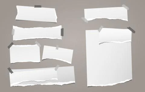 Set of torn white note, notebook paper pieces stuck with sticky tape on brown Stock Illustration