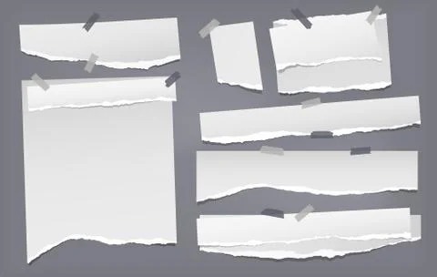 Set of torn white note, notebook paper pieces stuck with sticky tape on dark Stock Illustration
