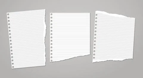 Set of torn white note, notebook paper pieces stuck on dark grey background Stock Illustration
