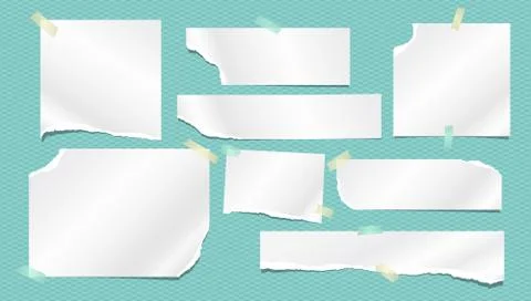 Set of torn white note, notebook paper strips and pieces stuck with sticky tape Stock Illustration