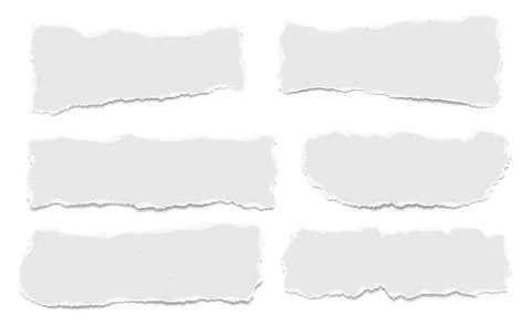 Set of torn white note, notebook paper pieces stuck on white background. Vector Stock Illustration