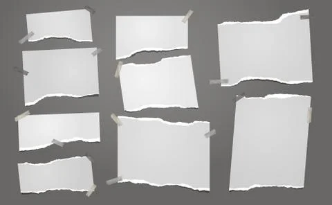 Set of torn white note, notebook paper pieces stuck on dark gray background Stock Illustration