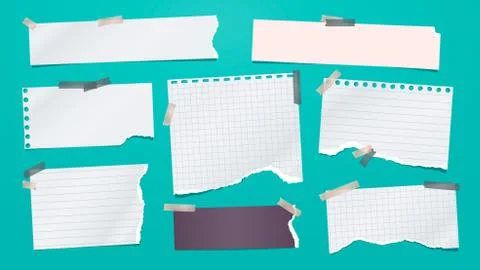 Set of torn white note, notebook paper pieces stuck with sticky tape on Stock Illustration
