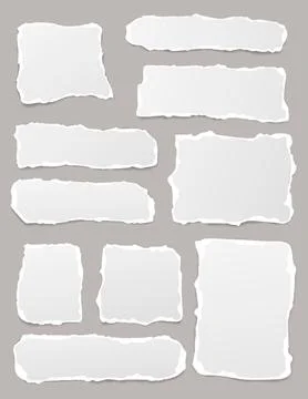 Set of torn white note, notebook paper pieces stuck on gray vertical background Stock Illustration