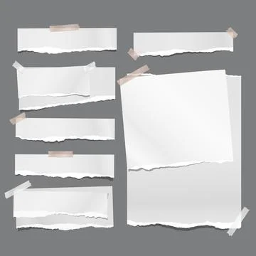 Set of torn white note, notebook paper strips and pieces stuck with sticky tape Stock Illustration