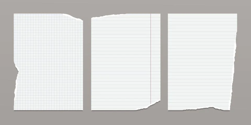 Set of torn white note, notebook paper sheets, pieces stuck on grey background Stock Illustration