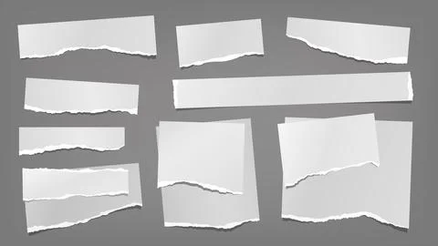 Set of torn white note, notebook paper pieces stuck on dark grey background Stock Illustration