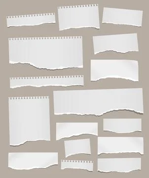 Set of torn white note, notebook paper pieces stuck on light brown background Stock Illustration