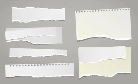 Set of torn white note, notebook paper pieces stuck on grey background. Vector Stock Illustration