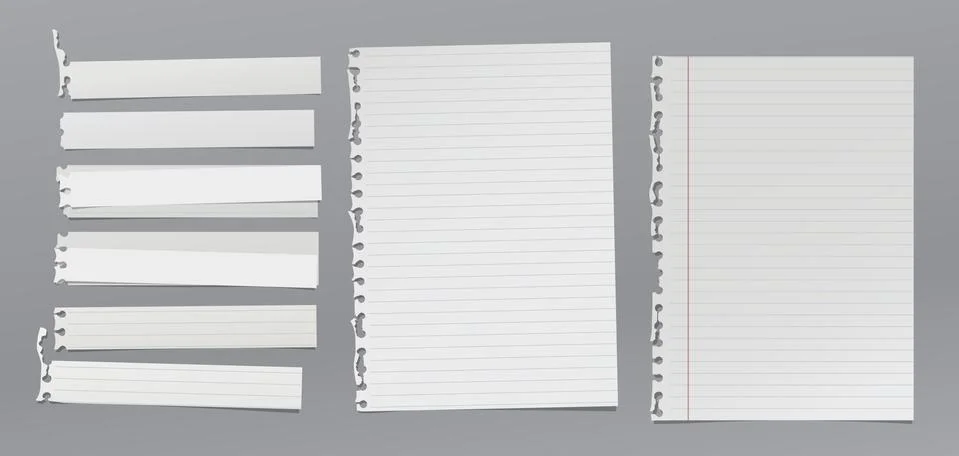 Set of torn white note, notebook paper pieces stuck on grey background. Vector Stock Illustration