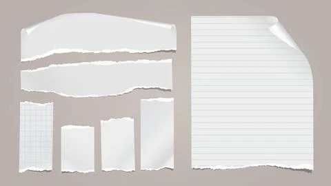 Set of torn white note, notebook paper pieces with folded corners stuck on light Illustrazione stock