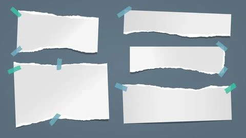 Set of torn white note, notebook paper pieces stuck on dark blue background Stock Illustration