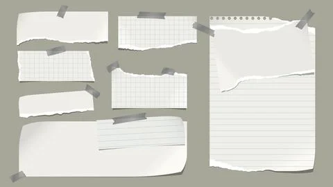 Set of torn white note, notebook paper pieces stuck on green background. Vector Stock Illustration