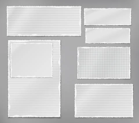 Set of torn white note, notebook paper stripes stuck on grey background for text Illustrazione stock